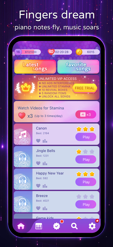 Magic Music Tiles-Piano Game - Magic Music Tiles piano game song selection screen with list of songs and player rewards