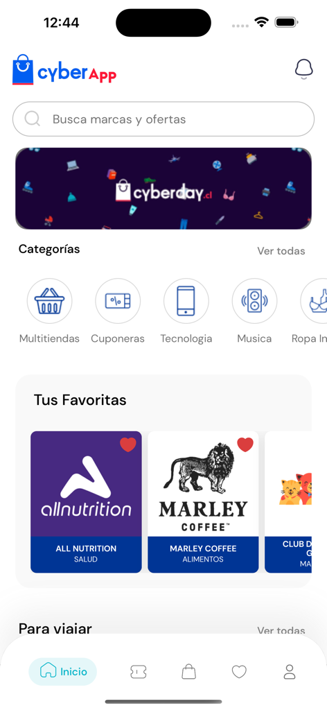 CyberApp - Interfaz principal de CyberApp mostrando categorías de compras y una sección de marcas favoritas