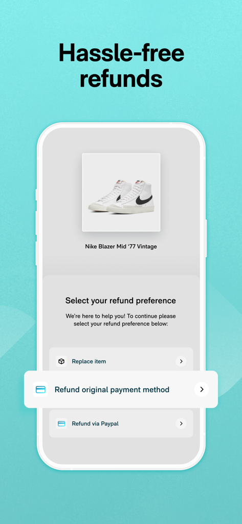 Interfaz de la aplicación Route que muestra opciones de reembolso y reemplazo sin complicaciones para un pedido de zapatillas Nike.