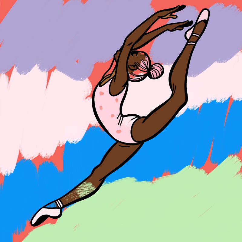 gymnast doing a leap in a leotard with a bent back leg