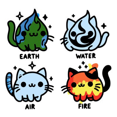 4 cats that represent the different elements, earth, water, air, and fire