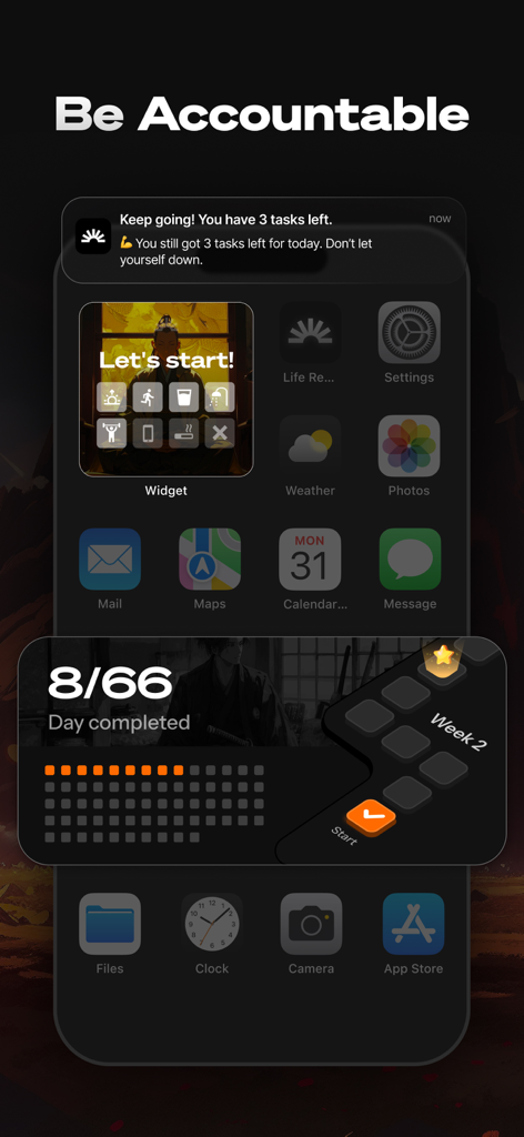 Life Reset: 66 Day Habit - Life Reset habit tracking widgets and accountability notification on a mobile screen