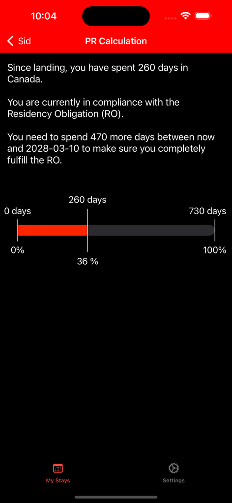 Canada PR Calculator - Interface de l'application montrant la barre de progression de l'obligation de résidence canadienne et le statut de conformité