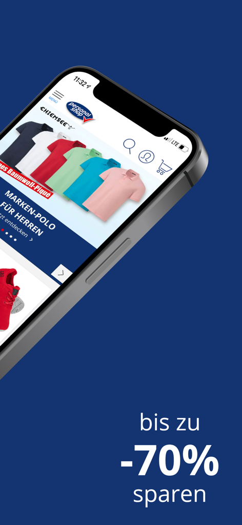 Personalshop Schweizのモバイルアプリ画面には、ブランド名のポロシャツと最大70%の割引が表示されています