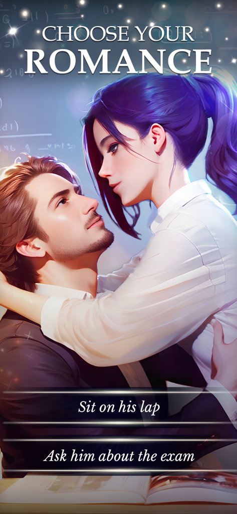 Lush: Interactive Stories - Escena de historia de romance interactivo en la aplicación Lush donde el jugador elige cómo interactuar con un personaje masculino.