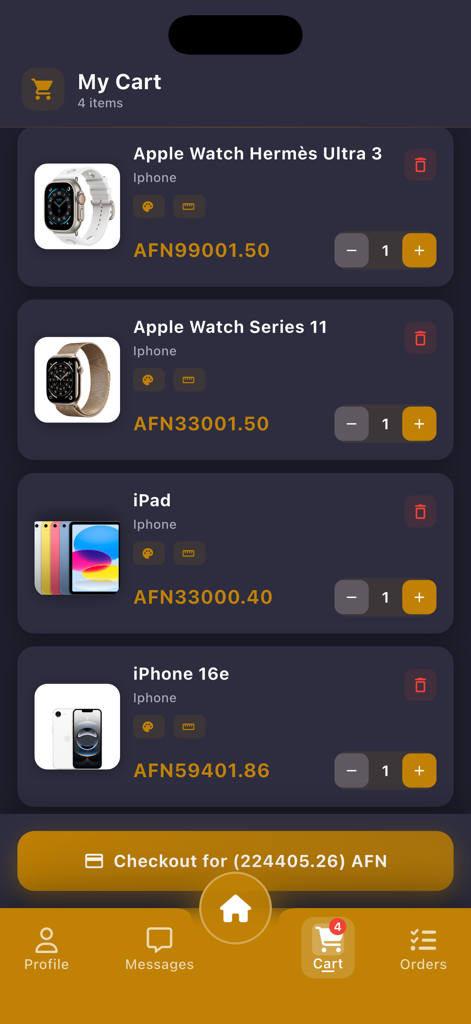 MarkiTo - MarkiTo app cart screen showing items like Apple Watch and iPhone with a checkout button