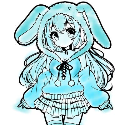 pretty anime girl wearing a fluffy hoodie with bunny ears on the hood and a skirt