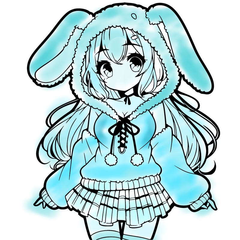 pretty anime girl wearing a fluffy hoodie with bunny ears on the hood and a skirt