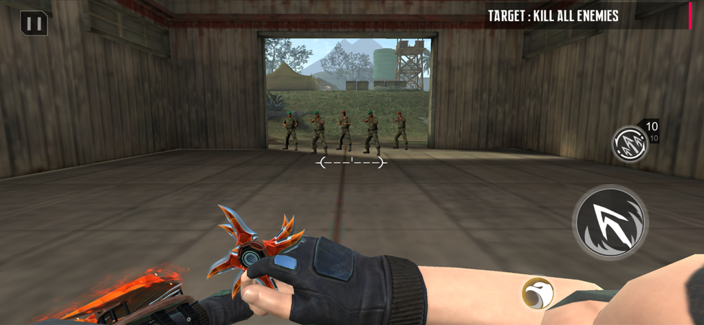 First person view of a ninja holding a glowing throwing star aiming at multiple enemies