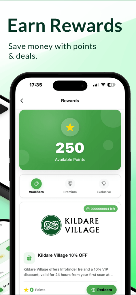 Página de recompensas de la aplicación Infofinder Ireland mostrando puntos disponibles y una oferta de descuento del 10 por ciento en Kildare Village