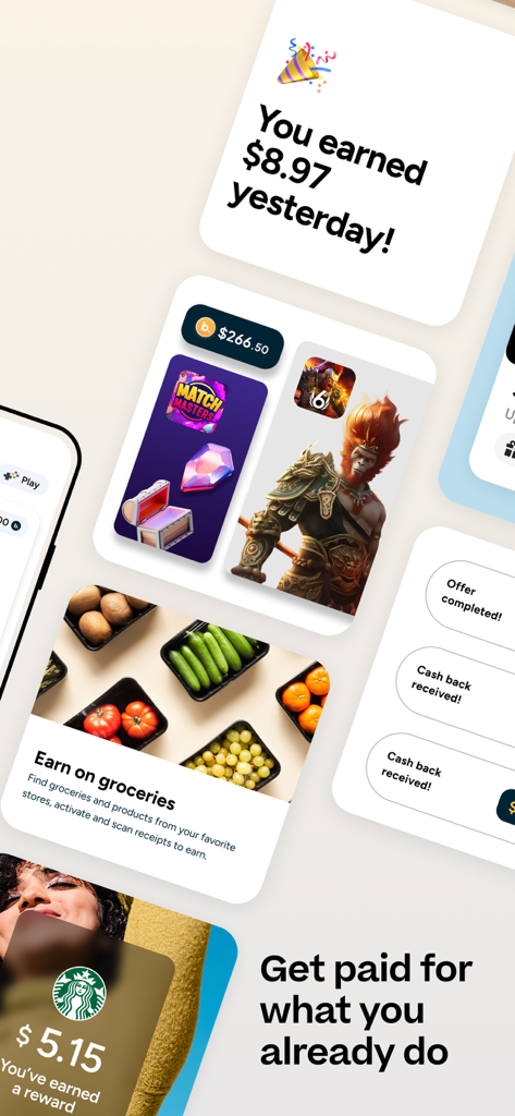 Benjamin - Earn Money Moments - App interface showing daily cash back earnings, mobile game rewards, and grocery shopping deals