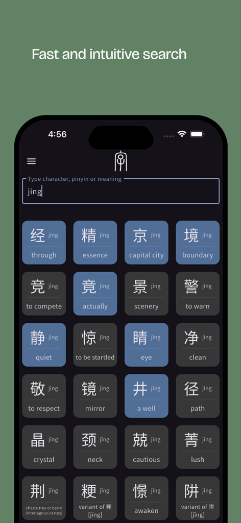 Hanly - Search interface of Hanly app displaying various Chinese characters and meanings for the pinyin jing