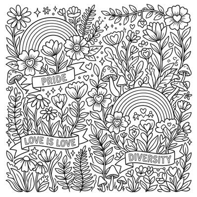 Immerse yourself in a vibrant celebration of love and diversity with this intricate forest flowers coloring page, perfect for Pride Month. Discover hidden rainbows, hearts, and empowering messages woven into a lush botanical design.