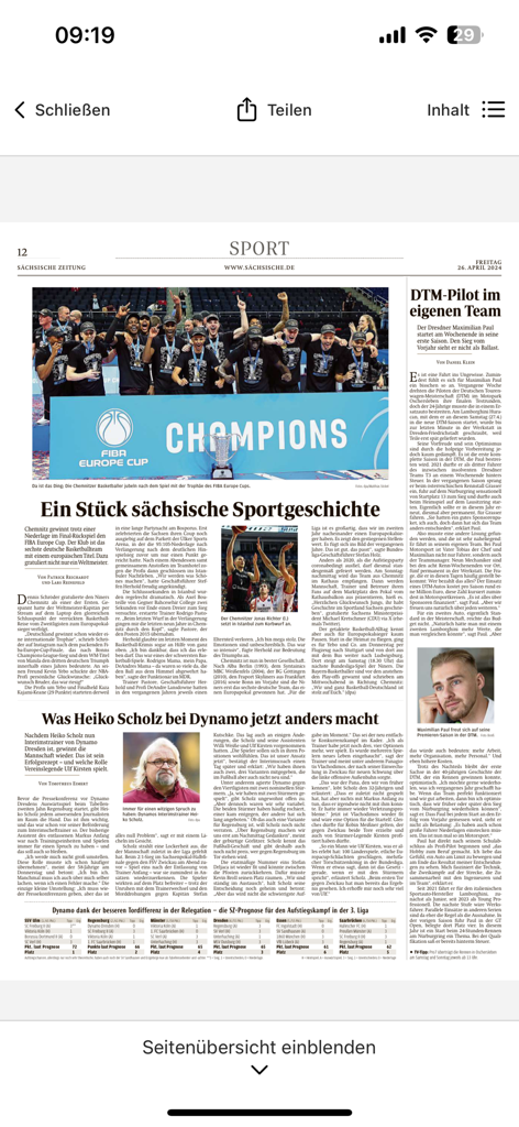 Ein Screenshot der SZ E-Paper App, der die Sportseite der Sächsischen Zeitung zeigt.