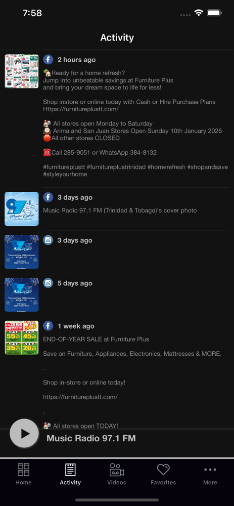 Feed de atividade social no aplicativo Music Radio 97.1 FM mostrando atualizações recentes e notícias da estação.