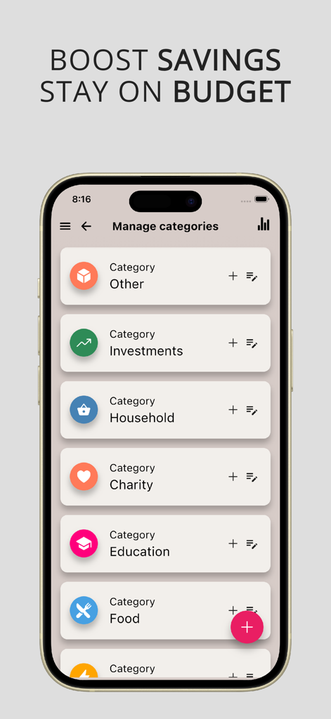 Pantalla de iPhone que muestra el menú de gestión de categorías en la aplicación de seguimiento de gastos ¡¿Se acabó el dinero?!