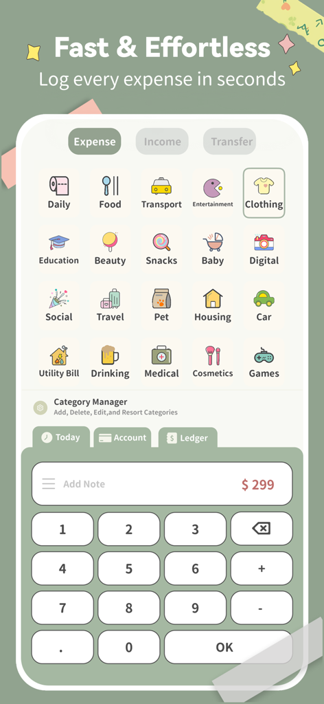 SmileBudget - SmileBudgetアプリで支出を記録するためのミニマリストインターフェース。カラフルなカテゴリーアイコンと数字キーパッドが特徴です。