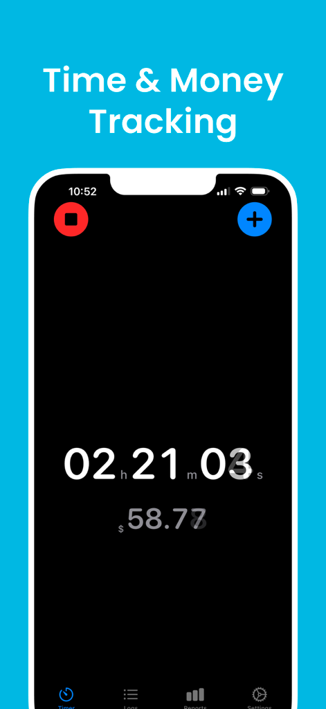 Hours Clocker: AI Punch Time - Mobile app interface of Hours Clocker showing a live timer for tracking hours and earnings in dark mode.