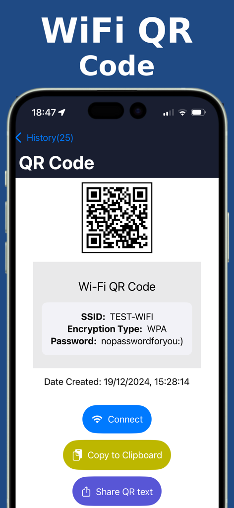 Easy QR Pro : QR Scanner - La aplicación Easy QR Pro que muestra los detalles de la red WiFi y un botón de conexión después de escanear un código QR
