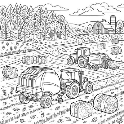 Journey to a bountiful farm with this delightful coloring page featuring powerful baling machines hard at work. Immerse yourself in the picturesque autumn harvest scene, complete with tractors and hay bales ready for your creative touch.