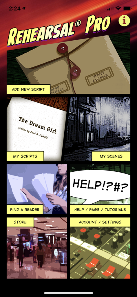 The home screen of the Rehearsal Pro app showing menu options like Add New Script and My Scripts in a stylized grid layout.
