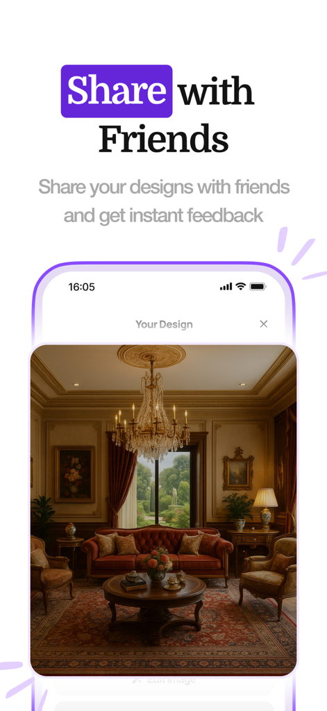 Home Design AI - Remodel Room - Compartiendo un diseño de sala de estar de lujo con amigos para obtener comentarios en la aplicación