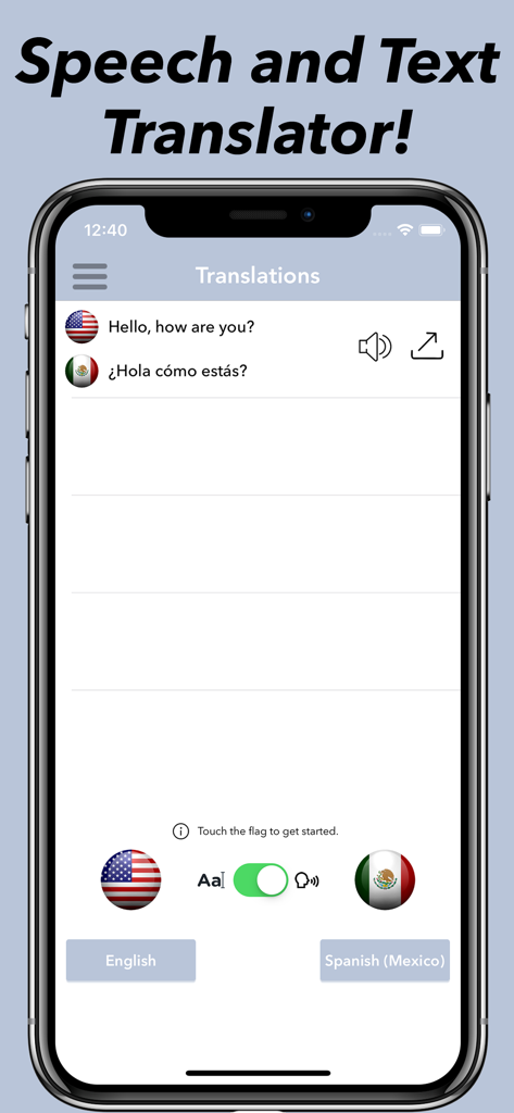 영어-스페인어 번역 앱의 인터페이스가 영어에서 스페인어로 텍스트 번역을 보여줍니다.