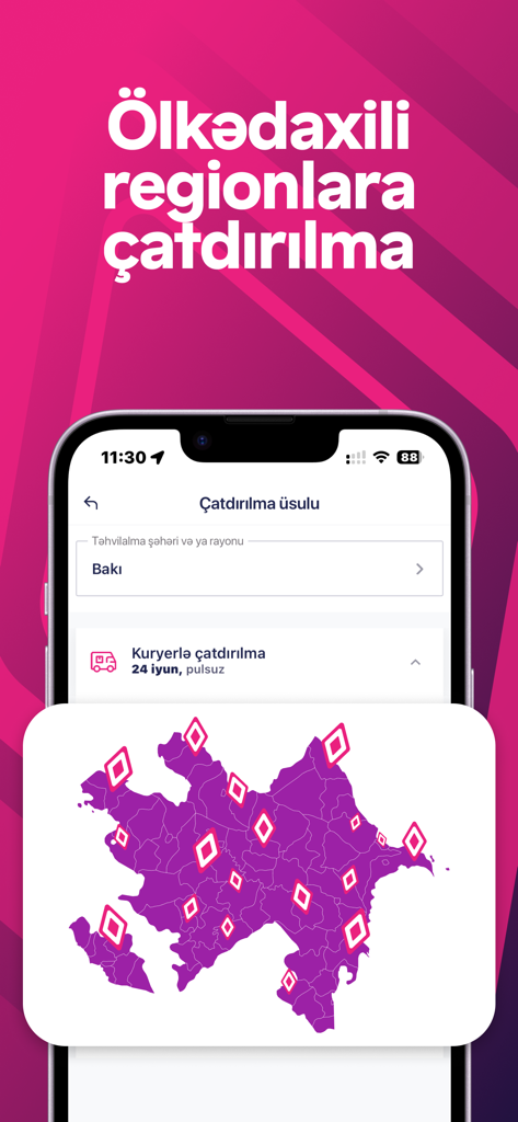 Birmarket: Online Shopping App - Birmarket app screenshot showing nationwide delivery options in Azerbaijan with a map illustration