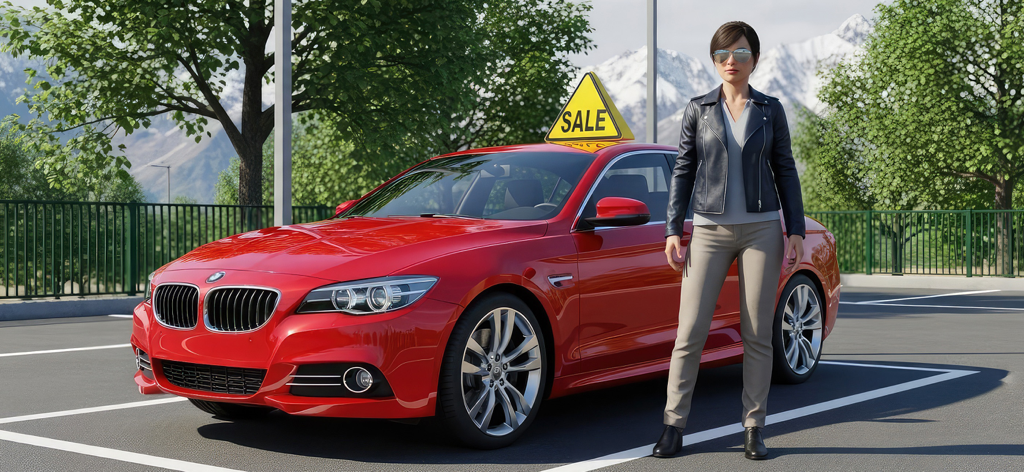 Car Dealership : Company Game - A female character standing next to a red sedan for sale in a car dealership tycoon game