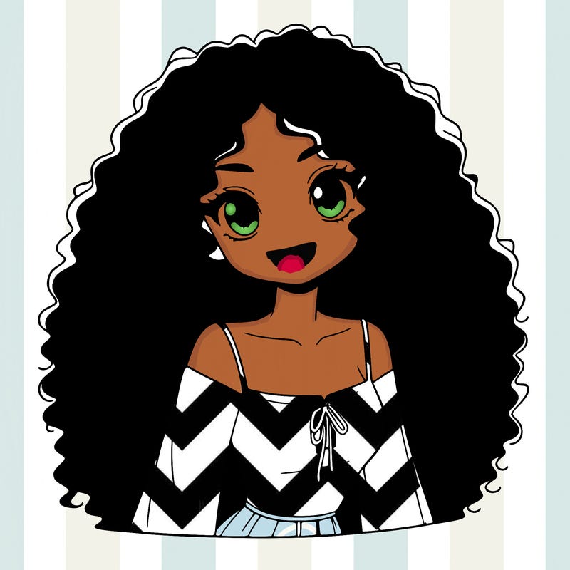 a black anime girl with long afro hair