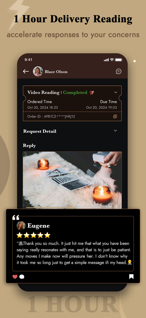 App interface showing a completed psychic video reading with a one hour delivery time and a customer review