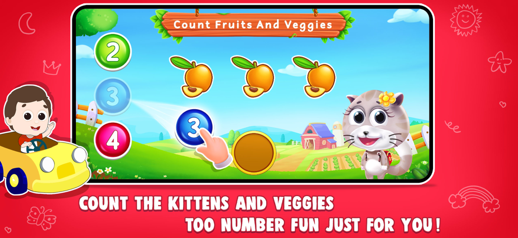 A children educational game interface showing a fruit counting activity with mangoes and number options