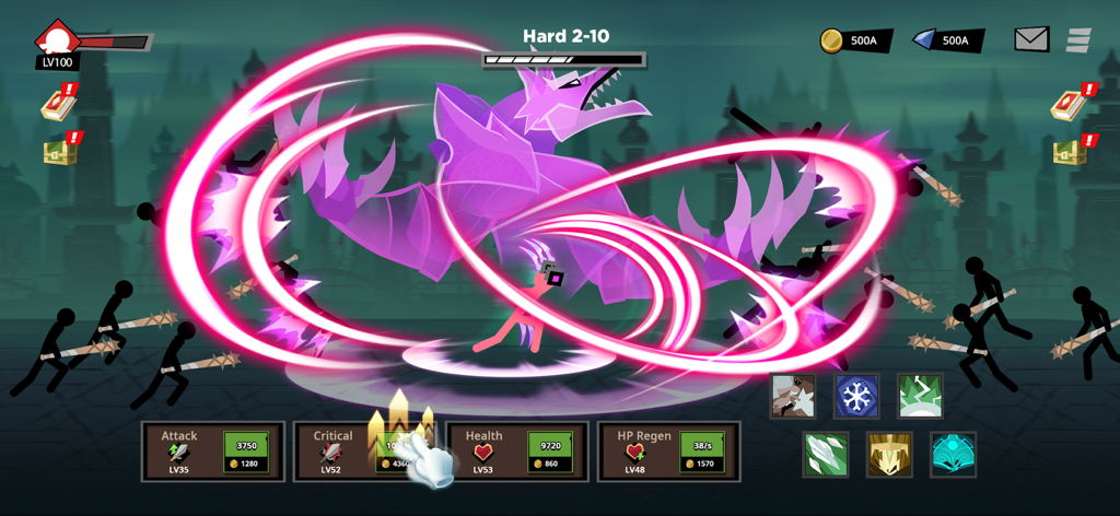 Stickman vs Monster: Idle RPG - Eroe stickman che combatte un gigantesco mostro boss viola con effetti di energia rosa