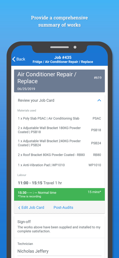 Simpro Mobile - Digital job card in the Simpro Mobile app displaying materials used and labor hours for field service technicians