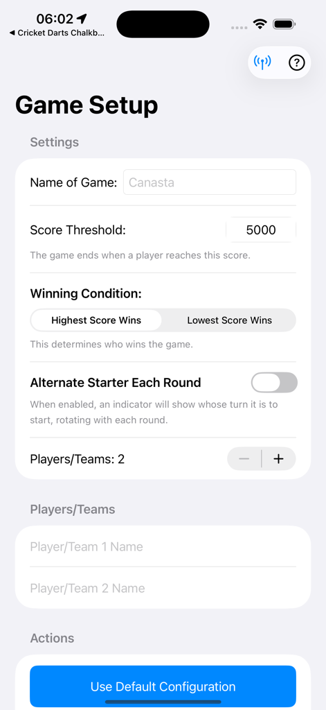 Tela de Configuração de Jogo no aplicativo Pontuação de Jogos de Cartas mostrando configurações para nome do jogo, limite de pontos e condições de vitória.
