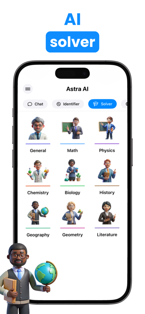 AI Assistant All-In-One: Astra - Pantalla de Astra AI Assistant que muestra materias académicas para la función Solucionador de IA.
