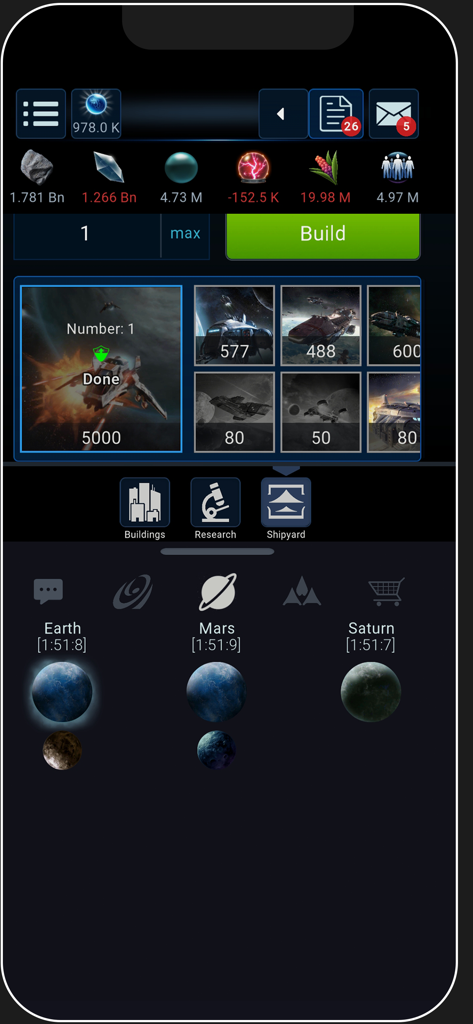 OGame - Interfaccia mobile di OGame che mostra barre di risorse, opzioni di costruzione del cantiere navale e un elenco di pianeti controllati