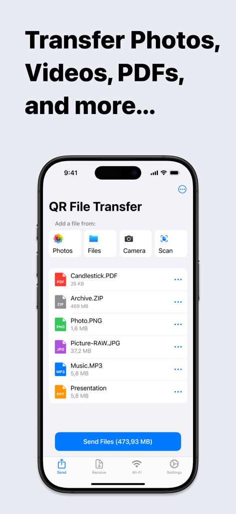 転送準備完了の選択済みファイルリストを表示するData Dropモバイルアプリのインターフェース。