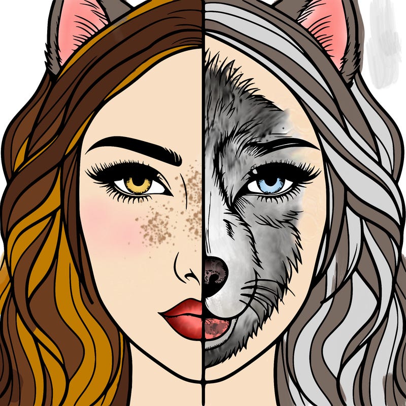 split face realistic woman and wolf
