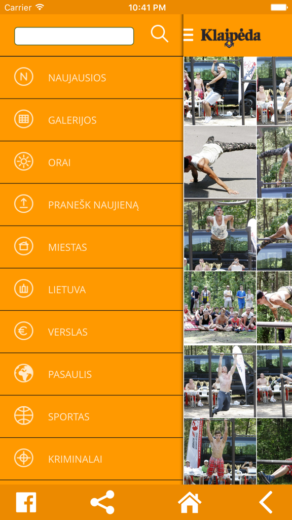 KL.lt - Menú lateral de la aplicación de noticias lituana KL.lt que muestra categorías como Ciudad, Lituania y Negocios.