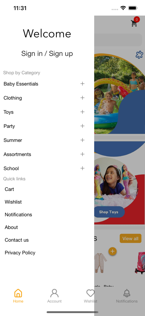 OurKids. - Navigation menu of OurKids baby shopping app showing categories like baby essentials and toys