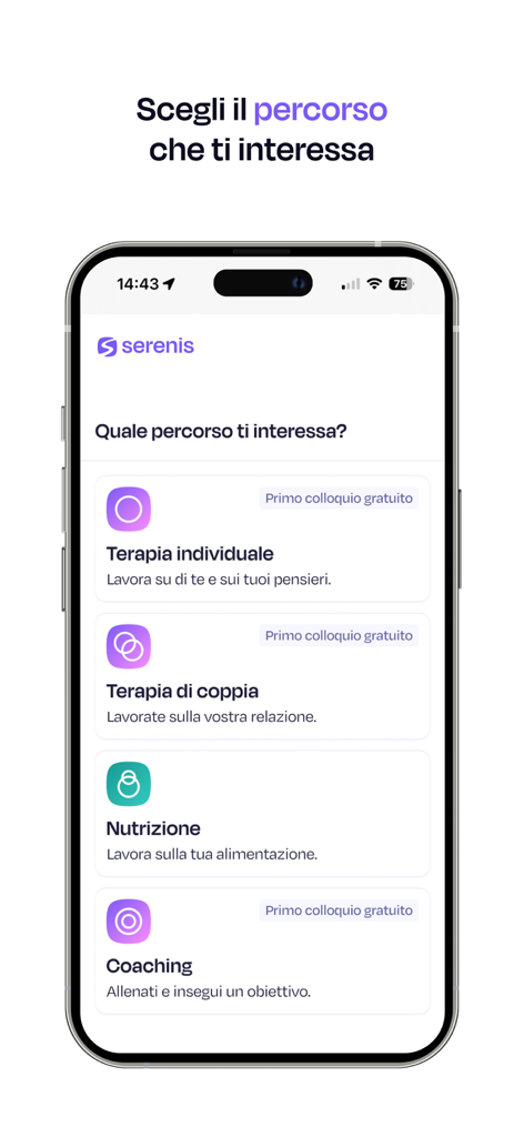 Un smartphone mostrando el menú de la app Serenis con opciones de terapia individual, terapia de pareja, nutrición y coaching.