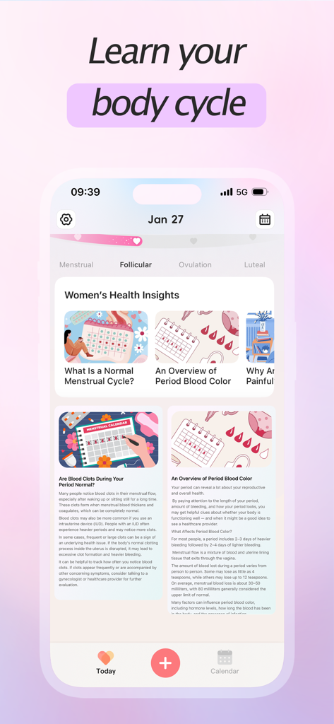Period Tracker・Cycle Calendar - 생리 주기 및 생리 단계에 대한 기사를 보여주는 생리 주기 추적기 앱의 교육적 건강 정보 화면