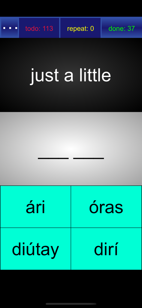 Interface of the Speakin Ilonggo app showing a Hiligaynon phrase building exercise for the phrase just a little