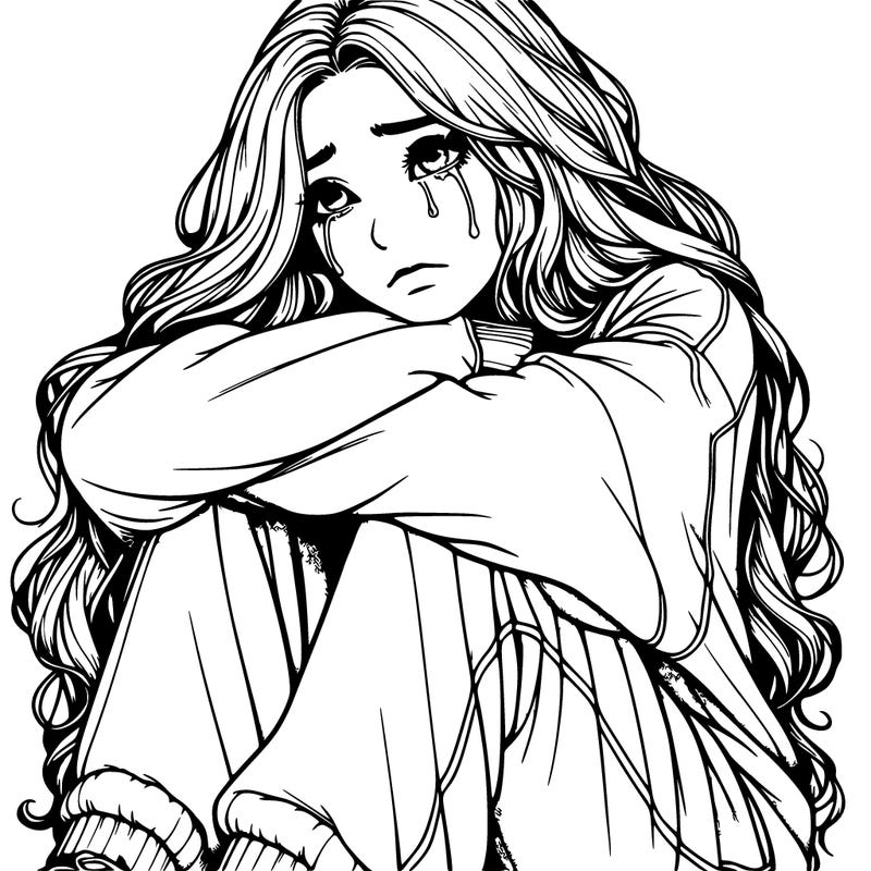 a girl with long hair wearing a sweatshirt and sweatpants.the girl is realistic and she has long hair that is also realistic.her head is on her knees and she is crying.she is sitting down and she looks sad