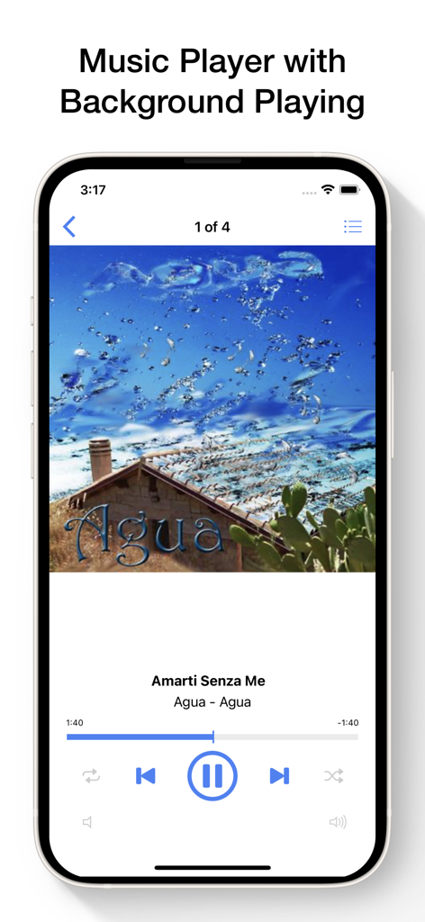 Interfaz del reproductor de música integrado de la aplicación Convertidor de Video a MP3 que muestra controles de reproducción en segundo plano e información de la pista de audio