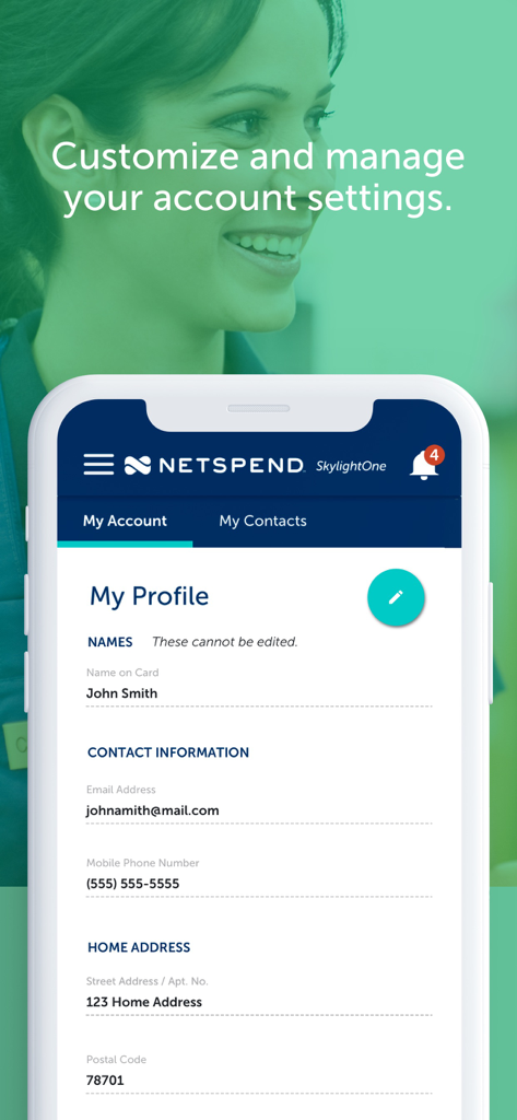 Netspend Skylight ONE app screen showing the My Profile section with personal and contact information