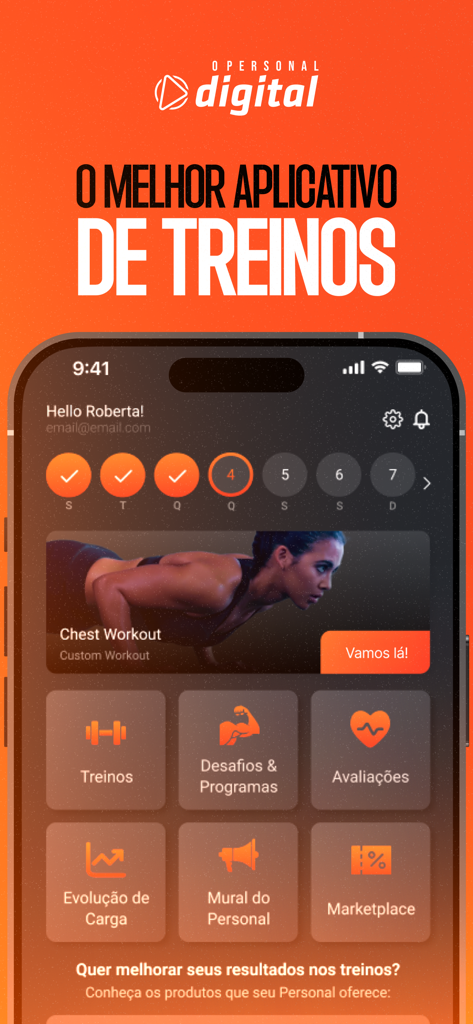 O Personal Digital - Interface do aplicativo O Personal Digital mostrando painel de treinamento e metas de fitness