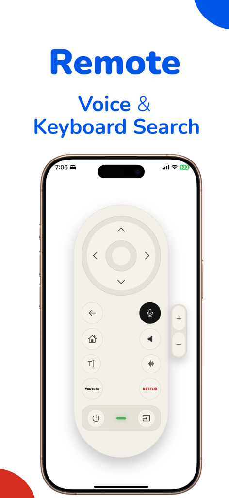 MyCast for Google Chromecast - Smartphone screen displaying a remote control with voice and keyboard search for Chromecast