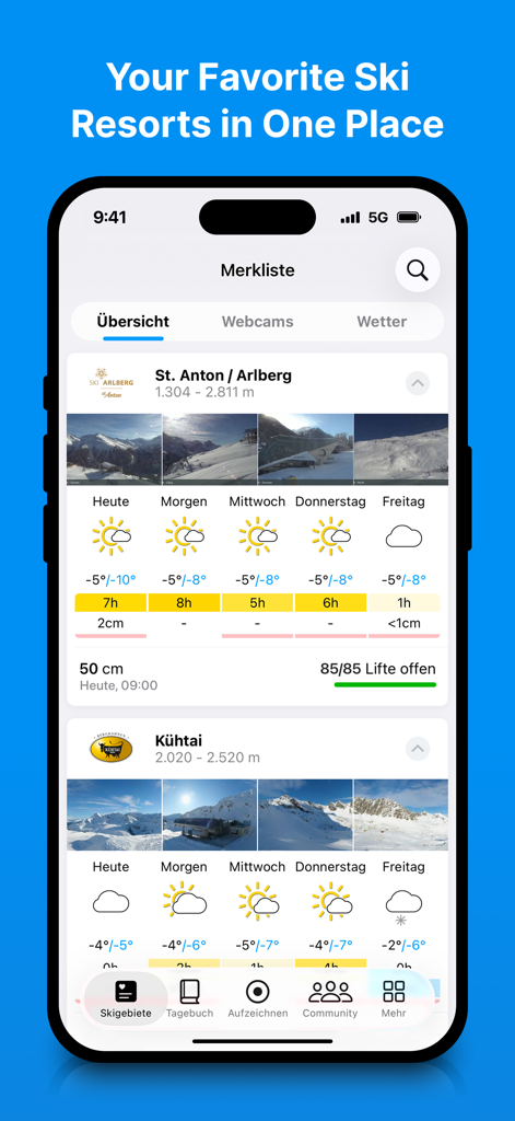 bergfex: Skiing & Tracking - Bergfex app showing a watchlist of ski resorts with weather forecasts and live webcams